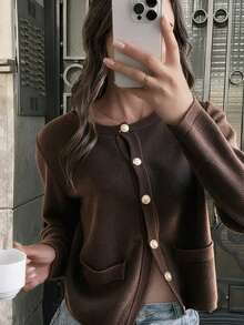 女款秋冬新款法式浪漫柔美女裝對比飾邊通勤風針織開襟上衣 - 咖啡 - 查看 5