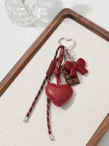 Cute Heart-Shaped Leather Keychain With Faux Chocolate And Bow Design, Braided Rope Bag Charm, Y2K Retro Style Key And Bag Accessory - Multicolor - View 5