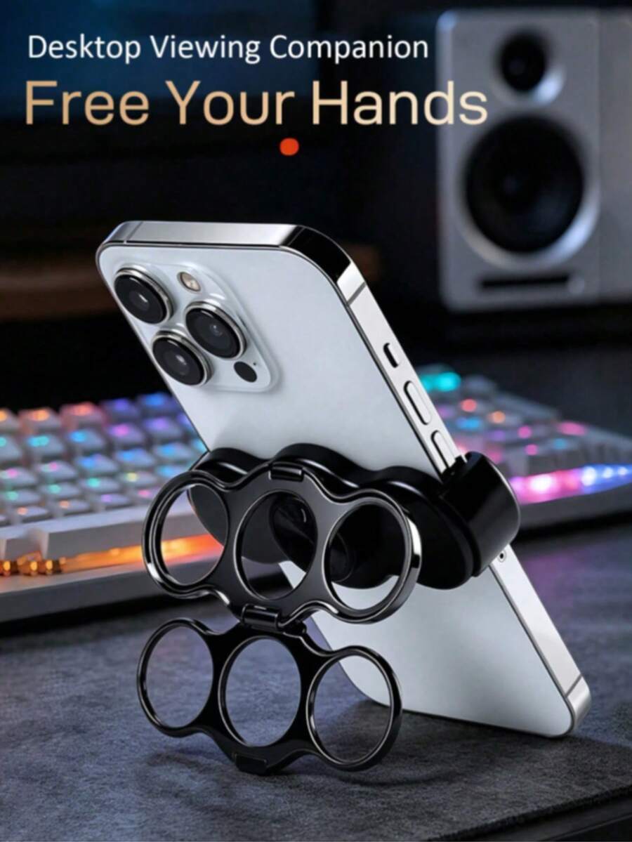 360° Rotatable Dual-Ring Three-Finger Phone Stand, Multi-Function Rotating Folding Magnetic Phone Handle Holder, Back-Clip Phone Support Stand, Suitable For Multiple Phone Models - Multicolor - View 1