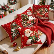 4pcs Classic Red Christmas Pillow Covers, Christmas Tree Snowman Santa Claus Sleigh Gift Print Pattern, Single-Sided Printed Pillow Covers/Cushion Covers, Multi-Scene Atmosphere Decorative Pillow Covers Suitable For Living Room Sofa Bedroom, Pillow Insert Not Included - Multicolor - View 10