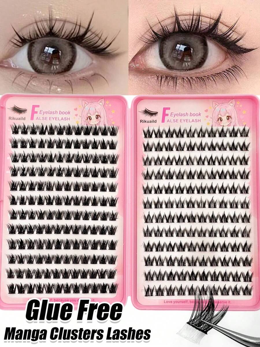 Rikuaild 264pcs Self-Adhesive False Eyelash Book, Large Capacity Cartoon Style Pre-Glued Lashes, Mixed 2 Styles, Soft Comfortable Lightweight Reusable, Natural Eyelash Clusters, Suitable For Party Daily Makeup, Autumn, Back To School, Travel Essential - C - View 1