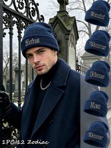1pc Gothic Style Men Scarf Knitted Beanie, 12 Constellations Design, Fashion Street Ski Hat, Warm And Versatile Cold Weather Cap, Loose Fit - Black - View 1