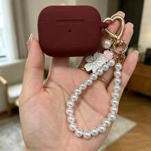 Wine Red Earphone Case With Pearl Pendant, Compatible With AirPods 1/2/3, Pro 2/3, 4/5, Soft Silicone Protective Cover, Exclusive Gift For Women - Burgundy - View 8