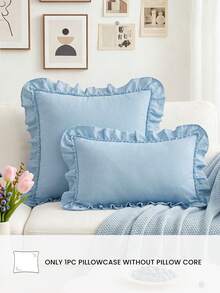 HONEYMOON 1pc Cute Ruffle Edge Pillow Case - Polyester Fabric, Romantic French Style, Ruffle Edge Cushion Cover (Pillow Insert Not Included), Envelope Closure, Wrinkle-Resistant, Machine Washable, Autumn Home Decor - Blue - View 2