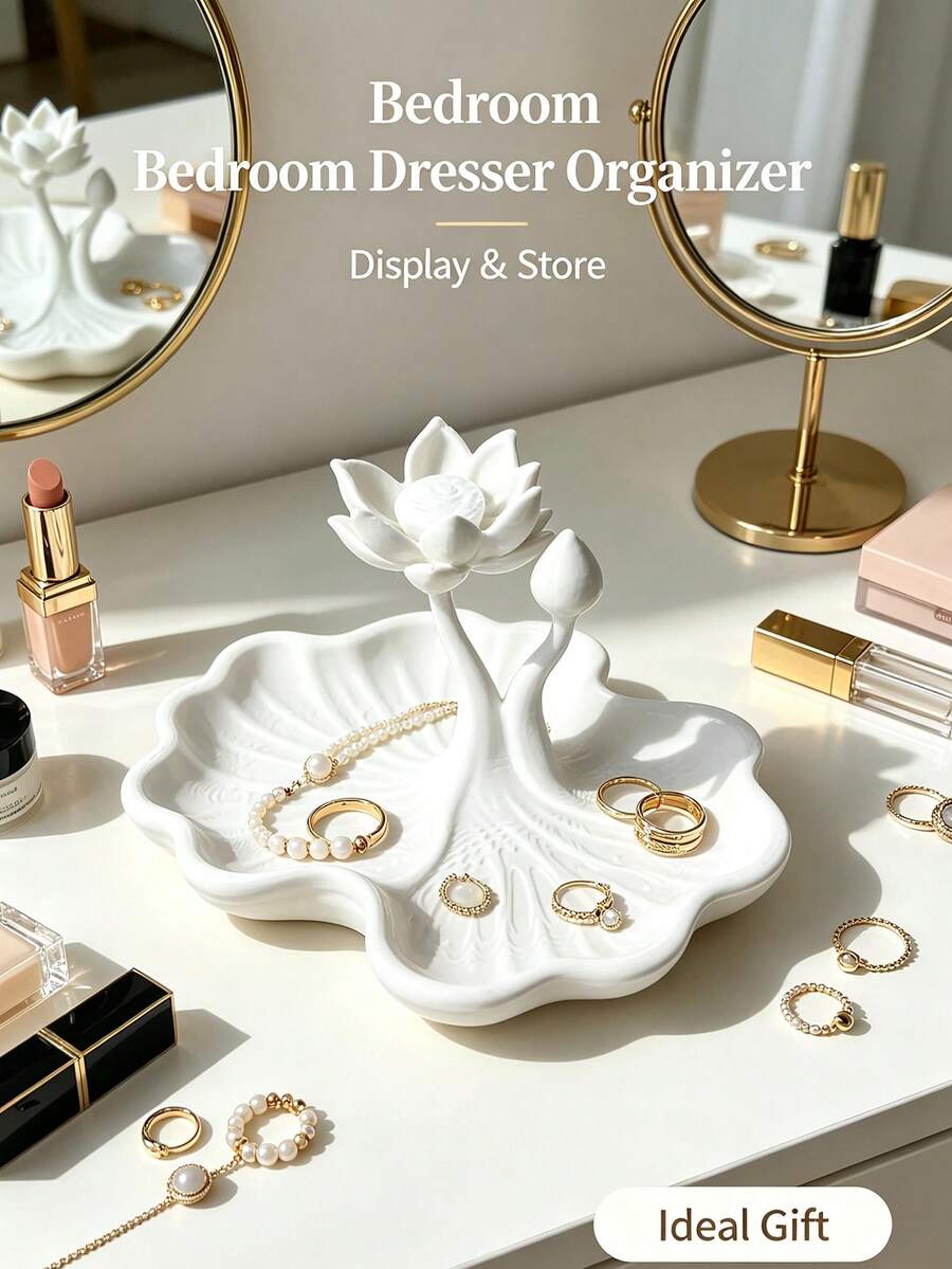 1PC Elegant Lotus Shaped Jewelry Display Tray - Creative Lotus Flower Jewelry Storage Dish, Jewelry Tray With Cute Lotus Leaf Decoration, Perfect For Rings, Earrings, Necklaces Storage, Cute Home Decor Ornament - Lotus - View 1