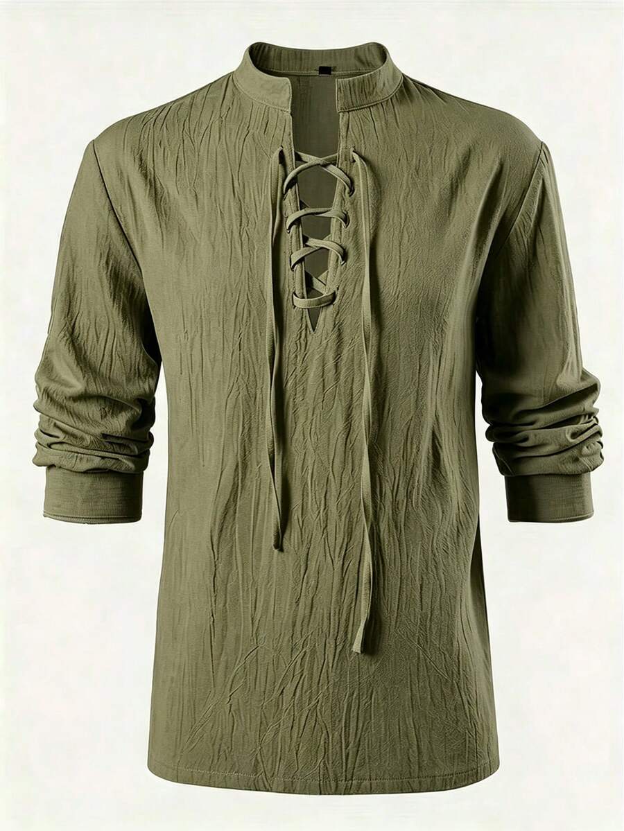 Men's Medieval Pirate Shirt - Renaissance Fair Costume, Western Roleplay Outfit, Suitable For Historical Events, Cosplay, Theme Parties - Machine Washable Ruffle Collar Design, Unique Cuff Style - Olive Green - View 1