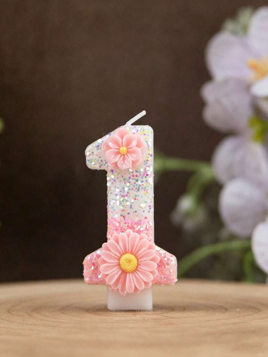 1件小號生日數字蠟燭，兩朵花粉色生日蠟燭蛋糕，亮片蠟燭蛋糕裝飾，0-9數字蠟燭（短燃燒時間）