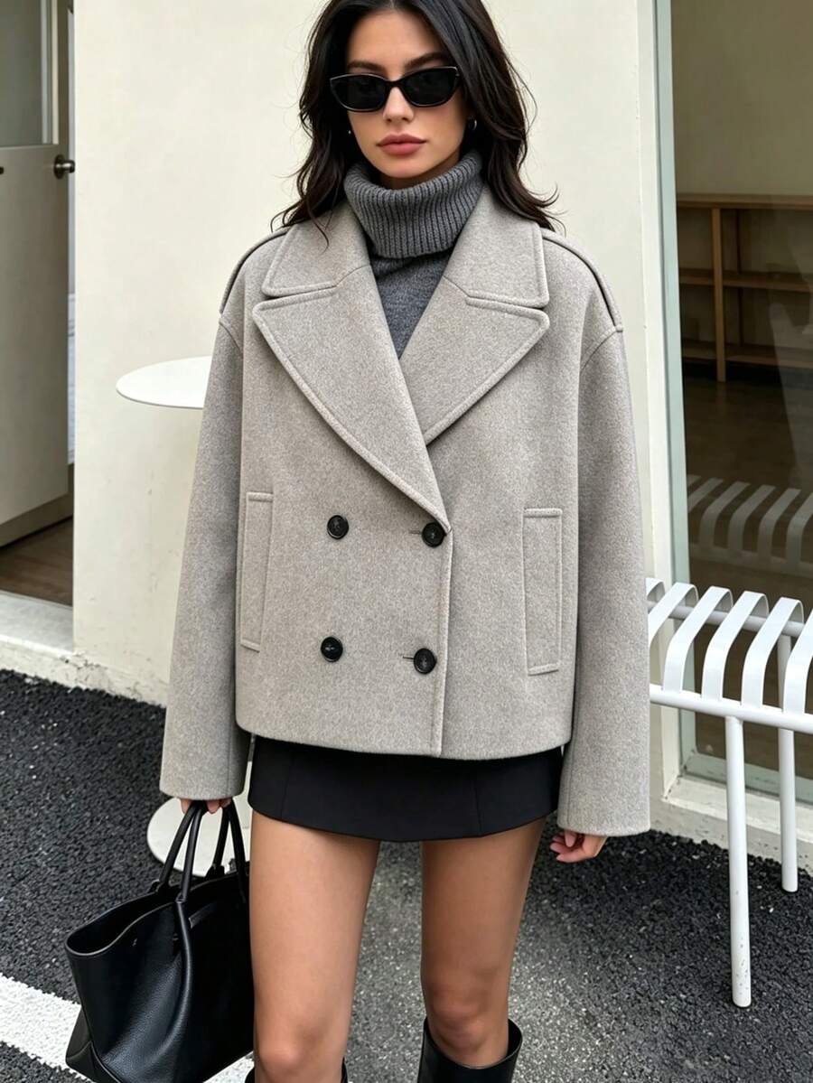 DEEKA Mantel Pendek Wol Kancing Ganda Musim Gugur/Dingin Wanita, Jaket Minimalis Campuran Wol Premium - Grey - View 1