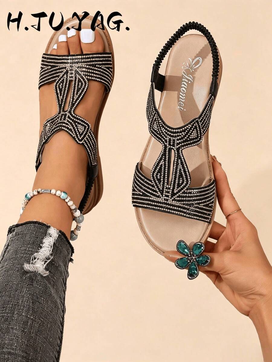 Comfortable Fairy Style Summer Fashion Wedge Heel Thick-Bottomed Rhinestone Open-Toe Roman Sandals,Travel Essential