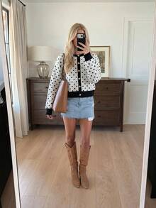 Women Fall Winter Casual Cardigan Sweater Long Sleeve Black With Polka Dot Tops Button Up Going Out Tops - Multicolor - View 1