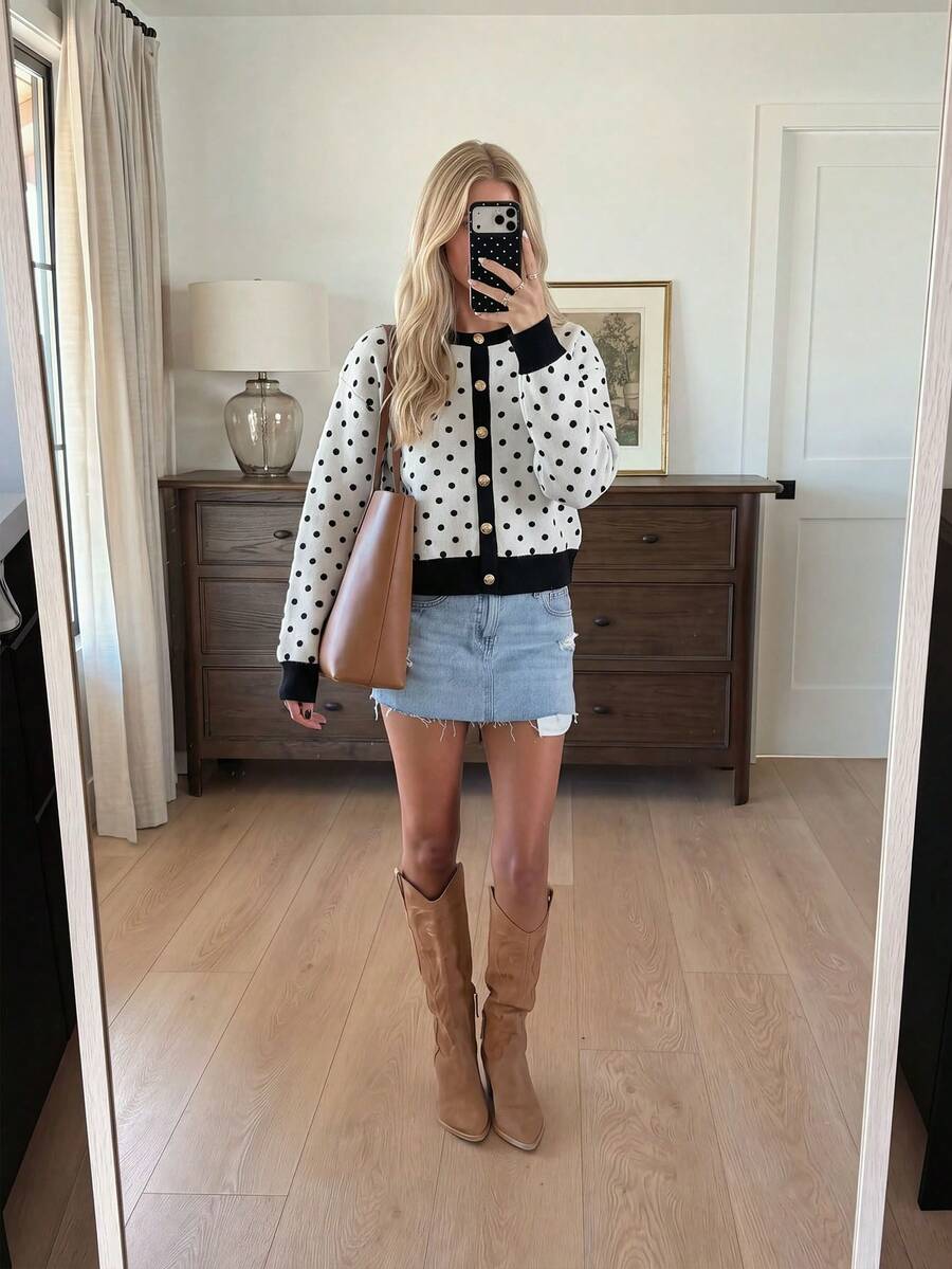 Women Fall Winter Casual Cardigan Sweater Long Sleeve Black With Polka Dot Tops Button Up Going Out Tops - Multicolor - View 1
