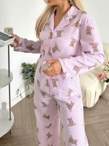 Nina Bonheur 2pcs Women Loose Cardigan Button Bear Print Long Sleeve + Elastic Waist Pants Pajama Set Cute Homewear - Pink - View 5