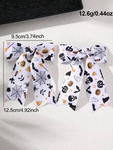 2pcs/12pcs Girls Halloween Multi-Color Printed Long Ribbon Bow Hair Clips Set, Cartoon Pumpkin Ghost Spider Pattern Hair Clips For Kids, Holiday Party Cosplay Costume Satin Ribbon Hair Accessories - Multicolor - View 11