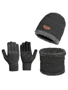 3pcs Unisex Thick Warm Fleece Cable Knit Hat, Scarf And Touchscreen Anti-Slip Gloves Set, Suitable For Daily Commute, Skiing, Cycling And Outdoor Activities - Multicolor - View 7