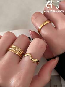 3pcs European & American Vintage Asymmetrical Pleated Wide Band Rings Set, Fashionable Luxury High-End Gold Open Rings, Suitable For Women's Daily, Holiday, Commute Wear - 3-piece Ring Set - View 2