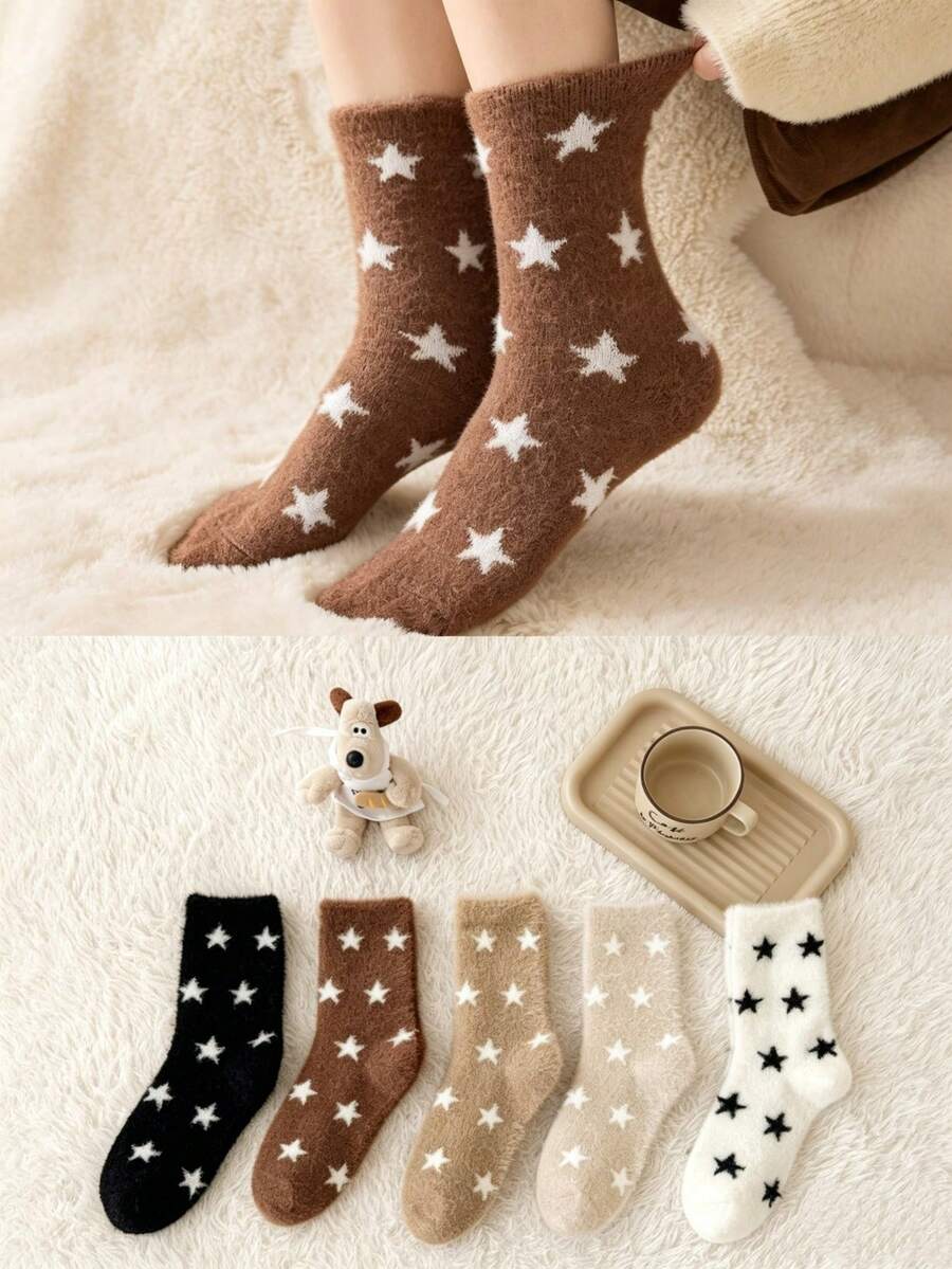 1/5 Pairs Winter Cute Thermal Lined Thick Warm Mid-Calf Socks Star Pattern Home Sleep Floor Sleeping Warm Feet Socks - Multicolor - View 1