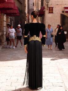 LOVE&LEMONADE Elegant Women's Black Long Sleeve Gold Embroidered Lace Hem Tassel Trim Fitted Dress - Black - View 4