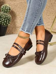 1 Pair Solid Color Elegant Buckle Bow Flat Ballet Shoes, Office Holiday All-Season Double Buckle Shallow Vamp - Brown - View 6