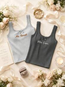 Personalized Custom Embroidered Text Lace Trim Ribbed Short Camisole, Bride Bachelorette Party Top, Custom Name Bridesmaid Top Wedding Party Gift - Multicolor - View 5