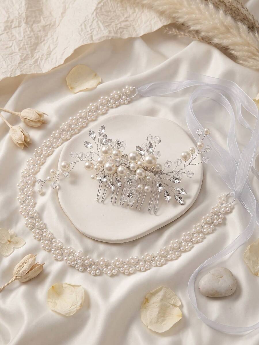 2pcs Set Faux Pearl Floral Hair Comb & Translucent Ribbon Waist Belt, Women's Wedding Bridal Accessories