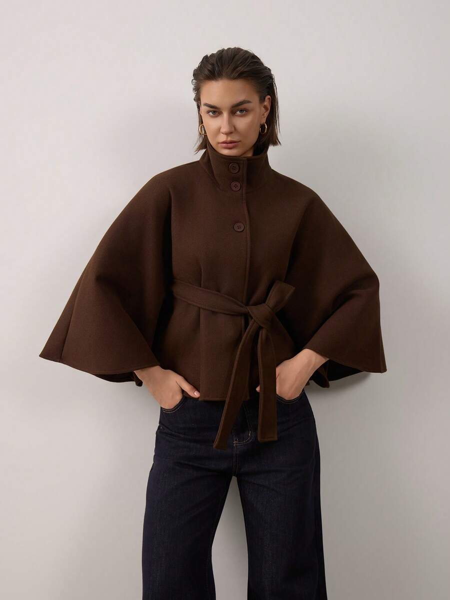 Women's Vintage Short Tie Cape Overcoat Suitable For Autumn/Winter - Brown - View 1
