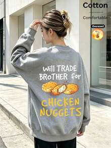 Custom Loose Fit Grey Fleece-Lined Pullover Sweatshirt For Women, Fried Chicken Graphic And Letter Print, Casual Fun Style - Flower Gray - View 12