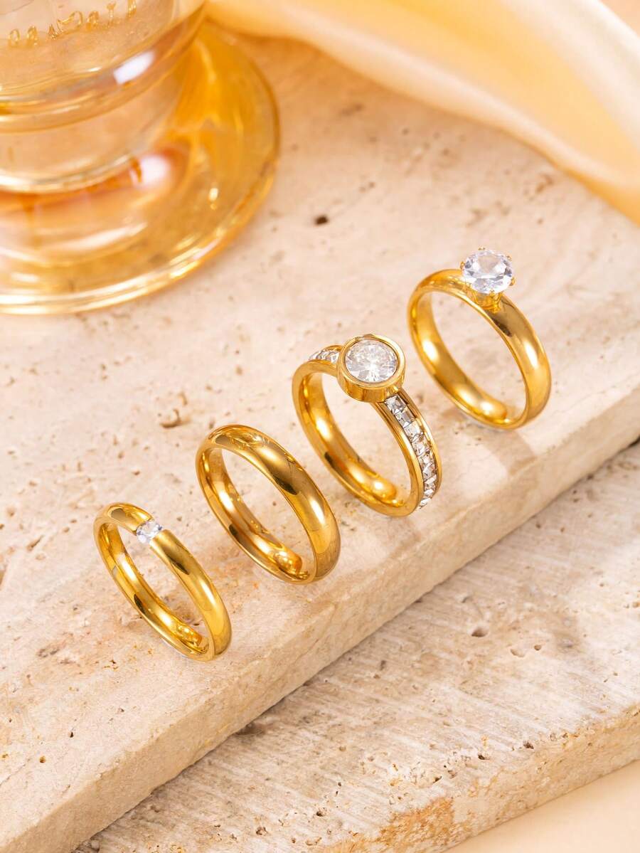 Set 4 Cincin Geometris Mewah Modis dengan Rhinestone dari Baja Tahan Karat untuk Wanita, Cocok untuk Pemakaian Harian atau Pesta - Emas - View 1
