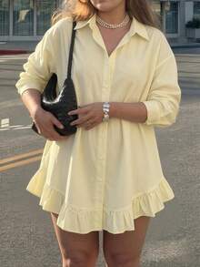 Women's Plus Size Ruffle Button Shirt With Lapel Collar And Long Drop Shoulder Sleeves, Suitable For Spring Wear And Casual - Yellow - View 2
