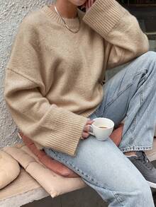 Soft Plush Round Neck Knitted Sweater, Dropped Shoulder Wide Cuff Loose Casual Minimalist Women's Autumn/Winter Pullover - Oatmeal - View 3