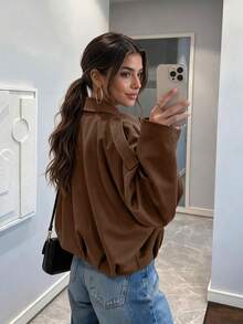 Vintage Y2K Style Faux Suede Short Jacket, Loose Fit Lapel Zip-Up Jacket, Casual Streetwear - Brown - View 8