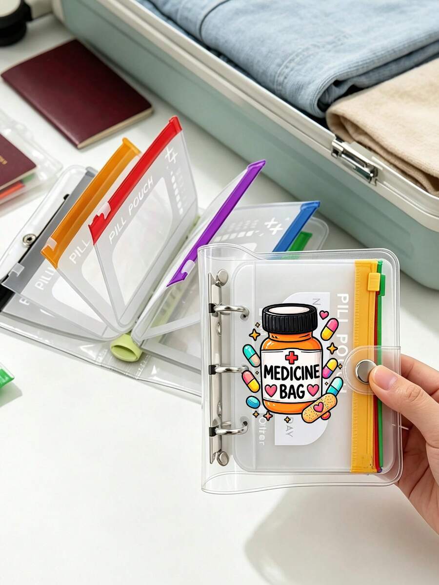 صندوق تخزين الأدوية مطبوع عليه كلمات "Medicine Bag" وزجاجة الأدوية، صندوق تخزين الأدوية لمدة 7 أيام، حقيبة تخزين الأدوية مع 7 حجرات ملونة - متعدد الألوان - مشاهدة 1