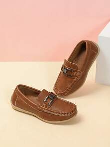 New Kids' Slip-On Loafers, British Style Metal Buckle Round Toe, Versatile Lightweight Casual Shoes, Size Runs Small - Rust Brown - View 4