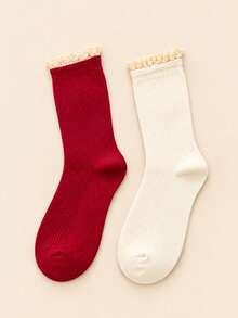 1 Pasang/2 Pasang/3 Pasang Kaos Kaki Ruffle Merah Vintage untuk Wanita, Kaos Kaki Ruffle Renda Lucu untuk Mata Kaki/Betis, Kaos Kaki Katun Bergaris Lembut dengan Manset Ruffle - Burgundy - View 9