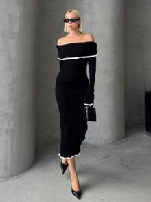 Knitwear Dress; Fish Tail Style Bodycon With Color Block Details And Off Shoulder Design - Black - View 6