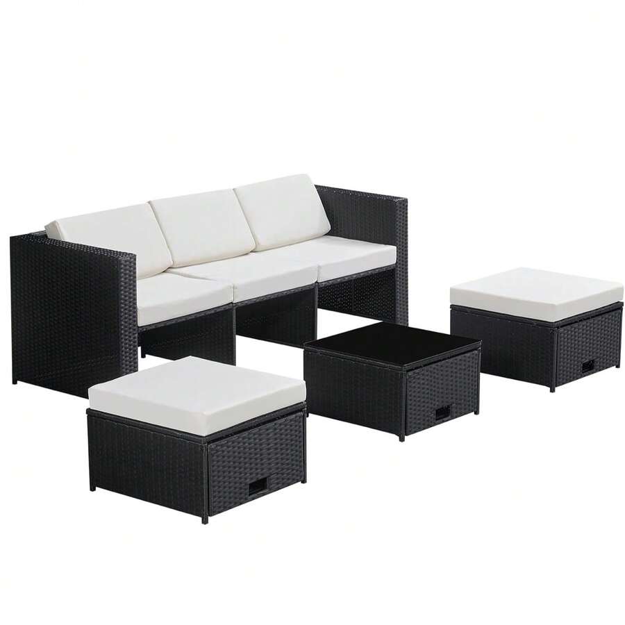 AYAYM Garden Furniture Set With Cushions, Convertible L‑Shaped Outdoor Rattan Sofa Set With Storage Box & Glass Coffee Table For Patio Conservatory Garden, Black & White - 3‑seater Sofa With Storage Coffee Table & 2 Storage - View 1