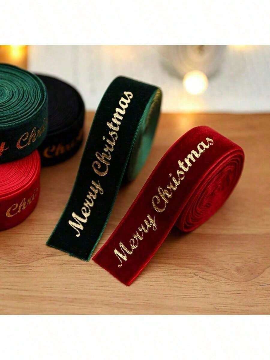 1pc Christmas Holiday Ribbon, Velvet Gold Foil Bowknot Print, Satin Ribbon Christmas Tree Decoration Scene Arrangement, Gift Box Decorative Ribbon - Multicolor - View 1