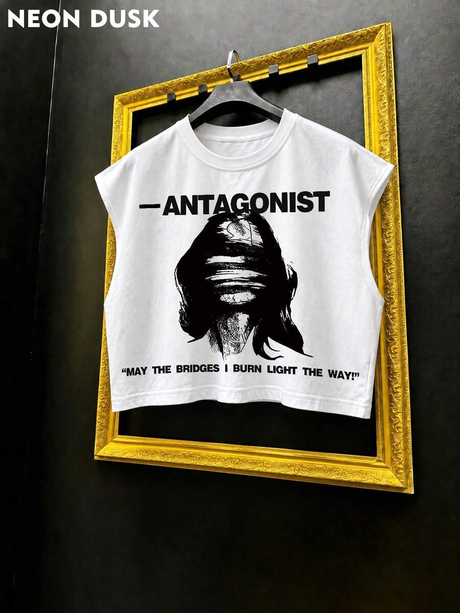 1pc Men's Short Sleeveless Tank Top Street Style 'Antagonist' Punk Graphic T-Shirt With Bold Slogan, Suitable For Summer Music Festivals And Parties - White - View 1