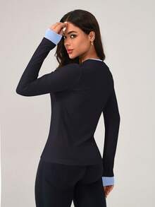 Leorrey 1 buah Kaos Olahraga Wanita Fashion Wol Leher Bulat Warna Blok Dua Potong Nyaman Lembut Lengan Panjang - Navy Blue - View 8