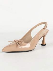 Women's Nude Versatile Metal Buckle Backless Pointed Toe Closed Toe Bow High Heels, Elegant Slimming Lady Shoes - Apricot - View 2