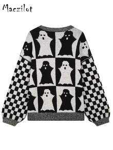 Curve Women Halloween Ghost Pattern Knitted Sweater, Black White Checkerboard Crew Neck Plus Size Pullover, Autumn Fashion Party Sweater - Black - View 10