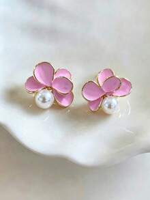 1 Pair Sweet Pink Flower & Faux Pearl Stud Earrings, Fashionable Minimalist Niche Design Earrings Suitable For Teenage Girls, Daily & Festival Wear - Pink - View 1