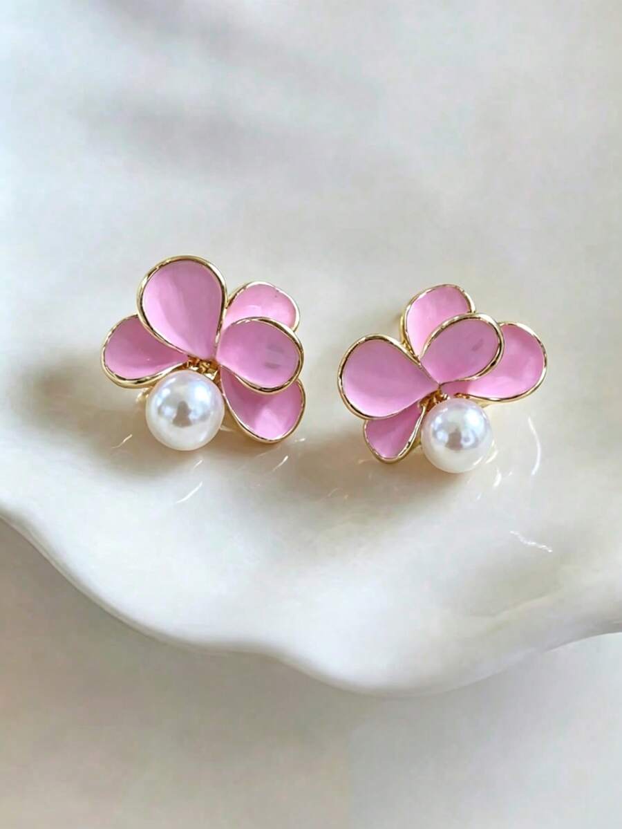 1 Pair Sweet Pink Flower & Faux Pearl Stud Earrings, Fashionable Minimalist Niche Design Earrings Suitable For Teenage Girls, Daily & Festival Wear - Pink - View 1