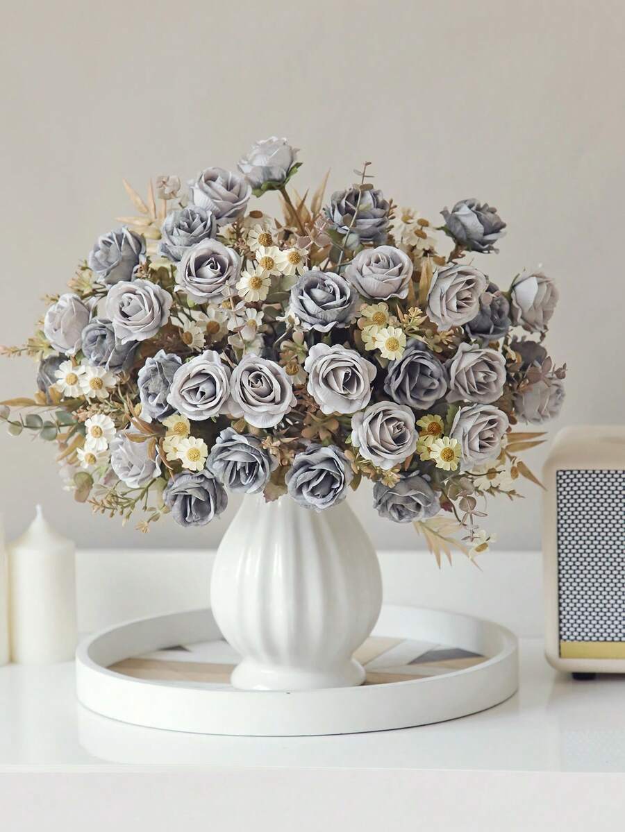 1pc Vintage Artificial Rose Bouquet, Faux Silk Fall Mixed Flower Bunch With Dried Look Greenery, Autumn Wedding Table Centerpiece & Halloween Home Vase Decor - Blue - View 1