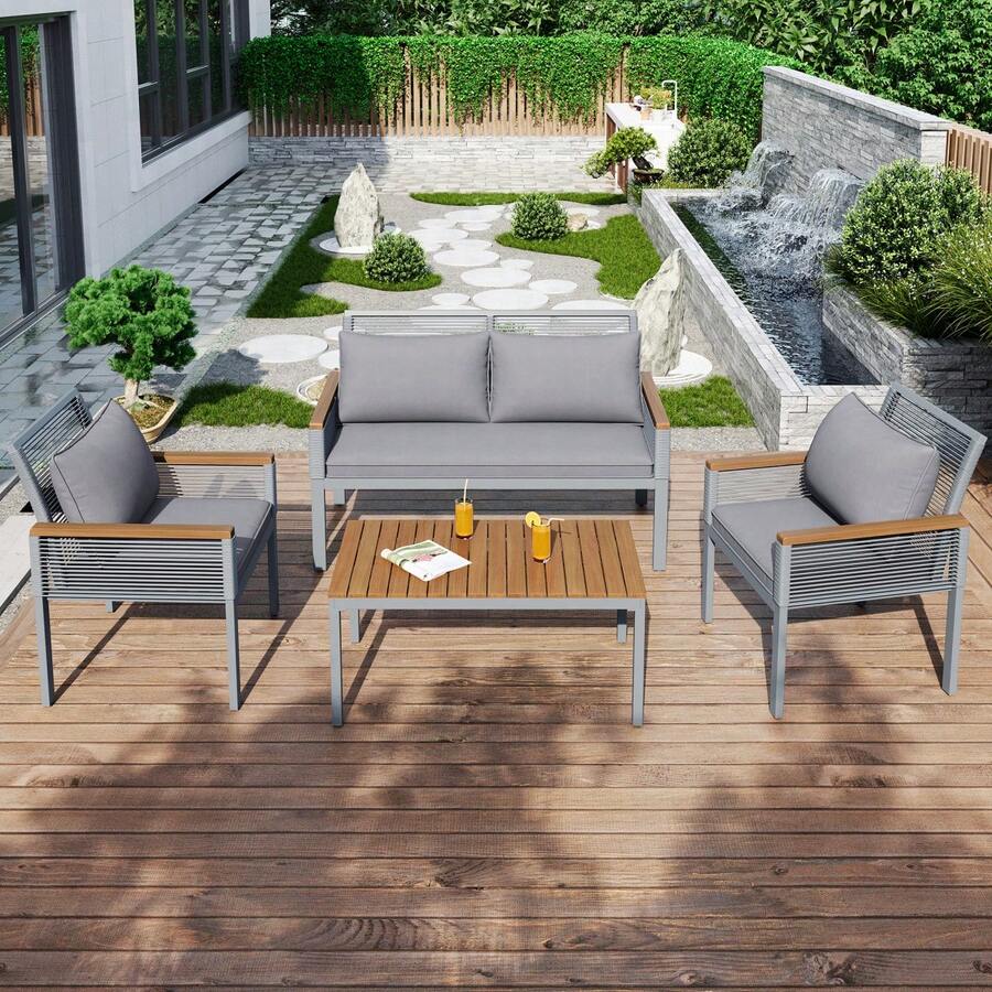 Garden Lounge Set, Garden Furniture Set With Comfortable Cushions, Double Sofa, 2 Armchairs And Table, Outdoor, Rattan, Table And Chairs, - Gray + PE Rattan+Iron+Waterproof Fabric - View 1