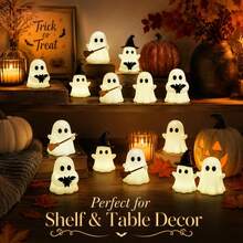 3pcs Halloween Christmas Glow-In-The-Dark Ghost Figurines, Cute White Ghosts With Black Bat Hats And Brooms, Desktop Decor, Glowing Spooky Style, Suitable For Indoor Home Party, Fireplace Mantel, Bookshelf, Office Desk And Other Places Decoration - A - View 5