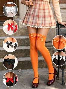 1 Set Sweet Elegant Style Campus Library Autumn Outfit, Includes Cream Cardigan, Plaid Pleated Skirt, Bowknot Stockings - Multicolor - View 1