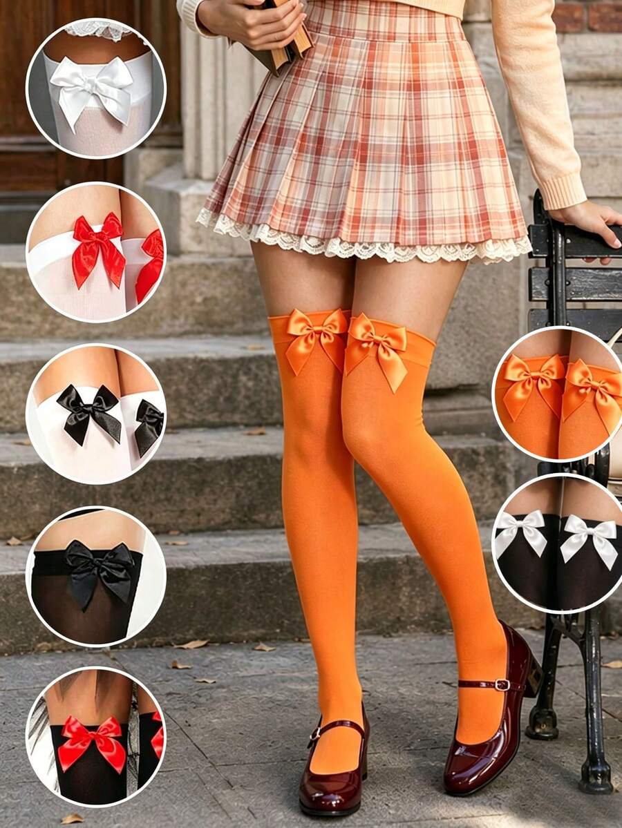 1 Set Sweet Elegant Style Campus Library Autumn Outfit, Includes Cream Cardigan, Plaid Pleated Skirt, Bowknot Stockings - Multicolor - View 1