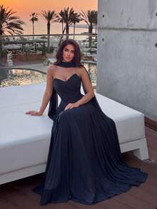 Elegant Women's Long Chiffon Evening Gown, Sleeveless Strapless Flare Skirt, Pleated Design, Suitable For Formal Occasions, Parties And Weddings - Navy Blue - View 7