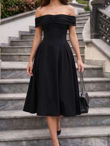 Women Off Shoulder Midi Dress Flared Hem Elegant Fall Apparel For Cocktail Party Evening Outfits - Black - View 3