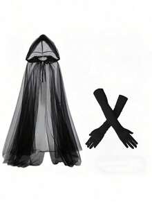 3pcs Women Gothic Witch Cosplay Costume - Dark Witch Long Dress With Cape And Gloves, Full Body Performance Outfit, Suitable For Theme Party, Stage Performance, Solid Color Machine Washable, Halloween - Multicolor - View 6